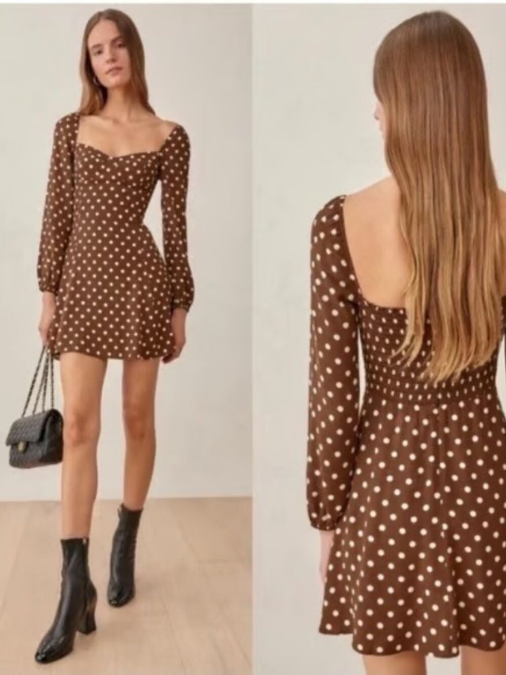 Reformation Brown Polka Dot Square-Neck Dress